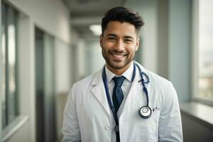 ai generato sorridente giovane maschio medico nel un' bianca cappotto, un' stetoscopio a un' Ospedale. professionista foto