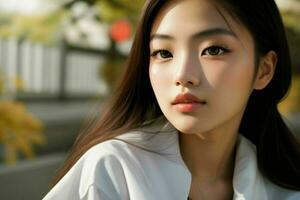 ai generato sbalorditivo bellissimo giovane asiatico donna con alto contrasto ombra e alla moda stile. professionista foto