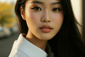 ai generato sbalorditivo bellissimo giovane asiatico donna con alto contrasto ombra e alla moda stile. professionista foto