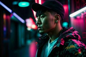 ai generato giovane asiatico muscolare uomo con anca luppolo stile con neon leggero a strada. professionista foto