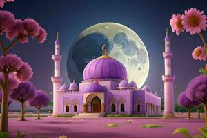 ai generato 3d rendere moschea, Luna e fiori con pastello colori. eid mubarak e eid al adha. professionista foto