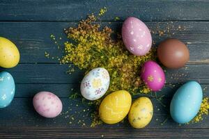 ai generato Pasqua uovo giorno concetto sfondo con copia spazio primavera le foglie e fiori. professionista foto