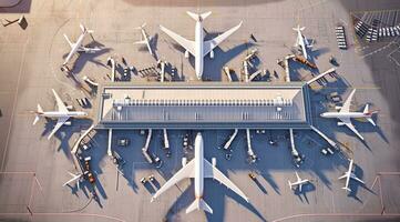 ai generato aereo Visualizza internazionale aeroporto terminale, aerei in partenza per multiplo internazionale posizioni foto