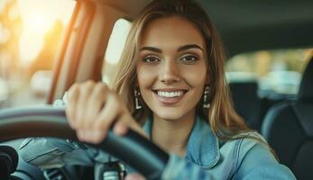 ai generato contento auto Proprietà, bellissimo signora Tenere auto chiavi a partire dal il nuovo auto foto