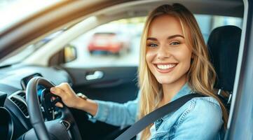 ai generato contento auto Proprietà, bellissimo signora Tenere auto chiavi a partire dal il nuovo auto foto