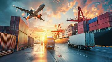 ai generato la logistica mezzi di trasporto commercio Rete di aerei carico navi e camion nel internazionale porta foto