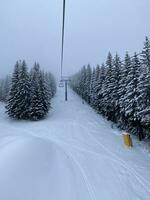 inverno paesaggio con nevoso montagne e alberi sorprendente inverno sfondo foto