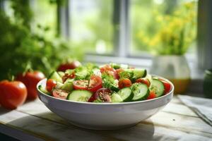 ai generato pomodori e cetrioli vitamina insalata nel un' bianca ciotola, legna sfondo. foto