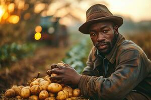 ai generato nero contadino con raccolto patate foto