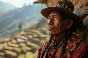 ai generato anziano peruviano abitante del villaggio nel nazionale Abiti foto