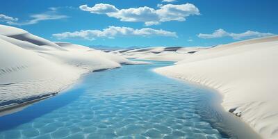 ai generato laguna con chiaro acqua fra dune nel il deserto dopo pioggia foto