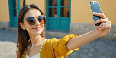 ai generato un' sorridente turista donna indossare occhiali da sole prende un' autoscatto con sua smartphone foto