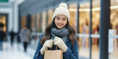 ai generato un' sorridente giovane donna nel inverno capi di abbigliamento Tenere shopping Borsa foto