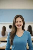 ai generato un' bellissimo sorridente femmina insegnante indossare blu lungo maniche nel un' aula foto