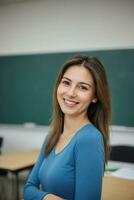 ai generato un' bellissimo sorridente femmina insegnante indossare blu lungo maniche nel un' aula foto