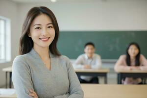 ai generato asiatico femmina insegnante nel aula con studenti foto