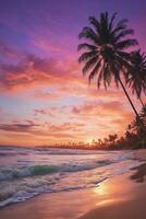 ai generato sereno spiaggia a tramonto con onde delicatamente lappatura il riva foto