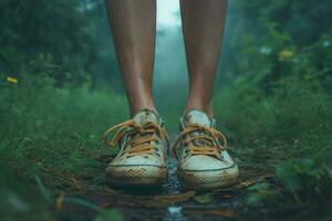 ai generato adolescente gambe nel sporco scarpe da ginnastica su un' foresta sentiero foto