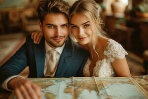ai generato Novelli sposi nel un' viaggio agenzia guardare a un' mondo carta geografica, discutere loro luna di miele foto