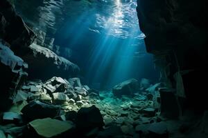 subacqueo grotta con luce del sole splendente attraverso il acqua foto