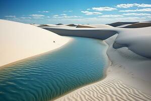 ai generato lago con chiaro acqua fra dune nel il deserto dopo pioggia foto