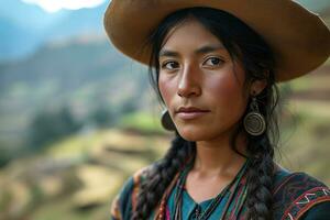 ai generato giovane peruviano donna nel nazionale Abiti foto