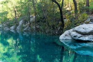 lago con calma blu acqua nel montagna autunno foresta foto