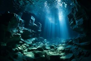 ai generato subacqueo grotta con luce del sole splendente attraverso il acqua foto