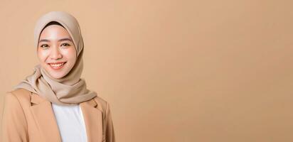 ai generato un' bellissimo asiatico donna indossare beige hijab e blazer foto