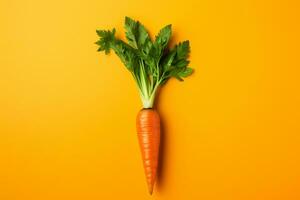 ai generato un' carota con il verde foglia su un' pianura arancia colore sfondo foto