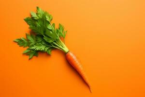 ai generato un' carota con il verde foglia su un' pianura arancia colore sfondo foto