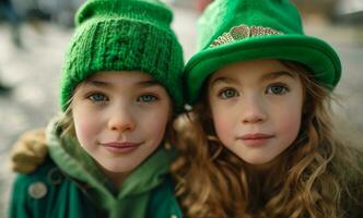 ai generato bambini nel verde costumi in posa per un' foto su st patricks vacanza