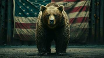 ai generato un' orso in piedi a Attenzione con un' bandiera dietro a esso foto