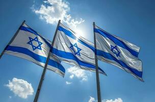 ai generato tre israeliano bandiere con blu cielo foto
