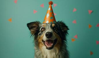 ai generato un' cane nel un' compleanno cappello foto