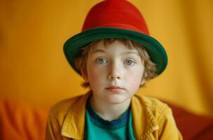 ai generato un' bambino indossare verde e rosso cappello ragazzo foto