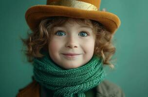 ai generato poco ragazzo nel verde fata cappello sorridente fata foto
