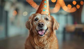 ai generato un' cane indossare un' festa cappello foto