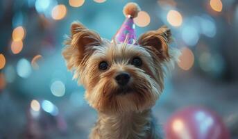 ai generato un' cane nel un' compleanno cappello foto