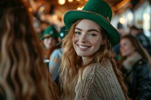 ai generato gruppo di donne sorridente nel st Patrick cappelli seduta a un' bar foto