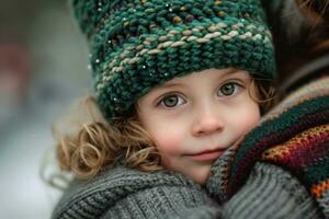 ai generato donna abbracciare bambino indossare un' verde cappello foto