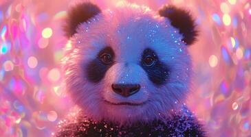 ai generato un' ripieno panda nel davanti di un' bling sfondo foto