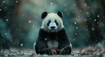 ai generato un' nero e bianca ripieno panda seduta Il prossimo per un' brillante bokeh sfondo foto