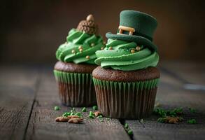 ai generato Due cupcakes con il fata cappello su superiore foto