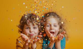 ai generato bambini soffiaggio su coriandoli, foto