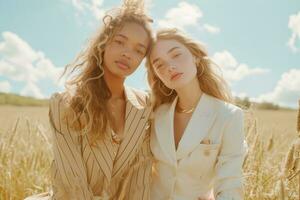 ai generato Due donne posa per gucci primavera collezione foto