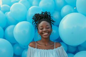 ai generato contento nero ragazza si aggrappa per blu palloncini foto