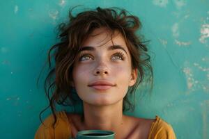 ai generato bellissimo donna guardare verso l'alto, Tenere caffè tazza foto