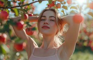 ai generato bellissimo giovane donna allungamento vicino un' rosso Mela albero all'aperto foto