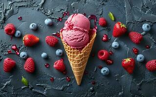 ai generato ghiaccio crema con fragole e lamponi e cialda coni foto